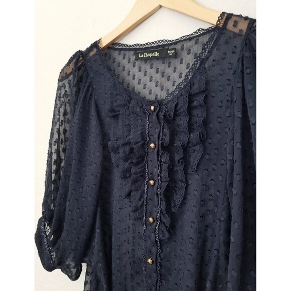 La Chapelle Navy Blue Sheer Chiffon Ruffle Batwing Blouse Top Romantic Coquette - Picture 5 of 15